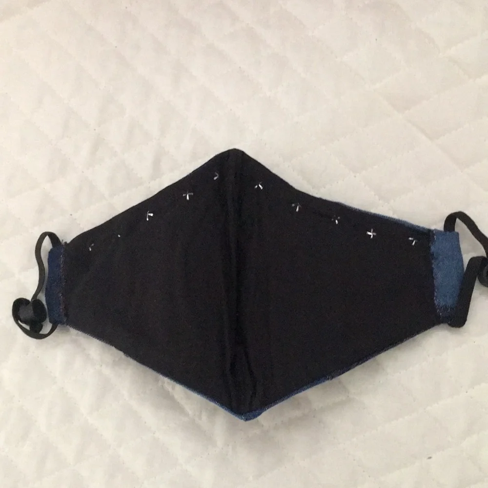 Patchwork denim 3 layer mask with rhinestones. Cooling inner black layer.